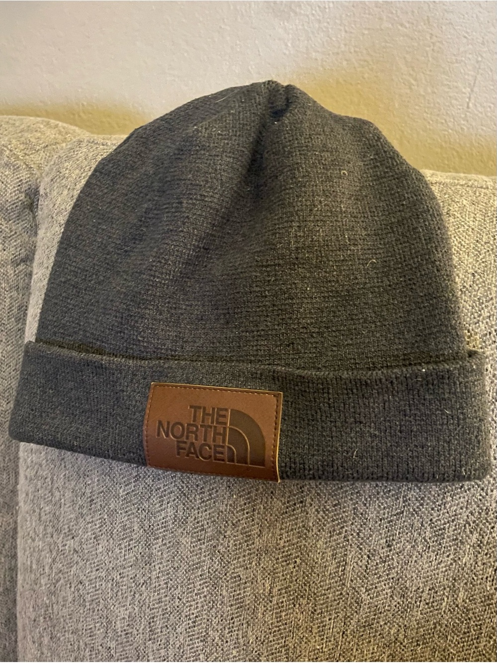 The North Face Men's Charcoal Knit Beanie with Brown Logo Patch